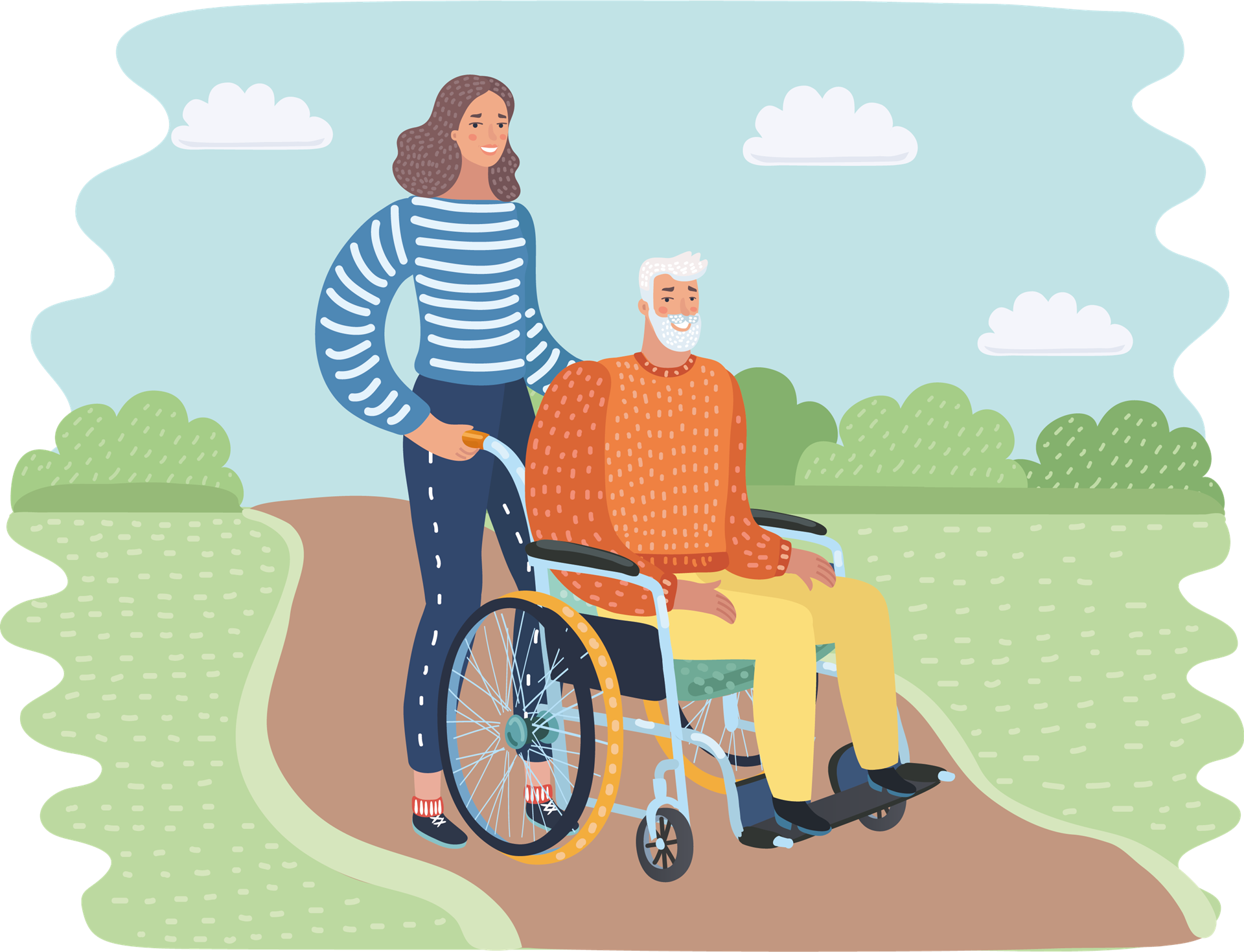 Illustration of carer pushing a man in a wheelchair