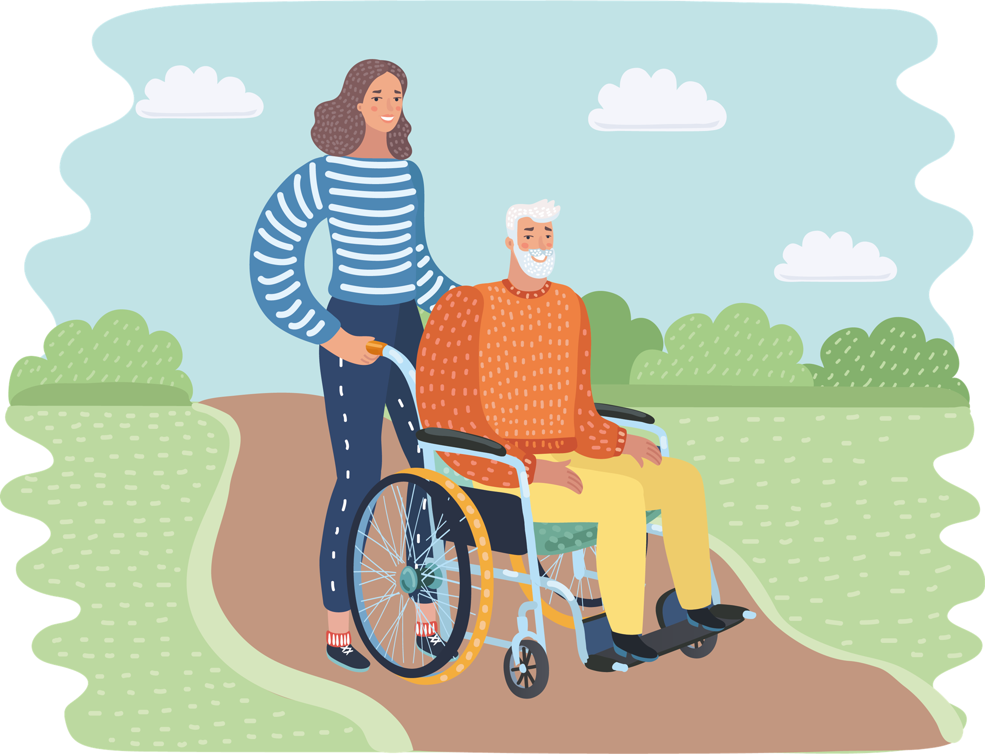 Illustration of carer pushing a man in a wheelchair