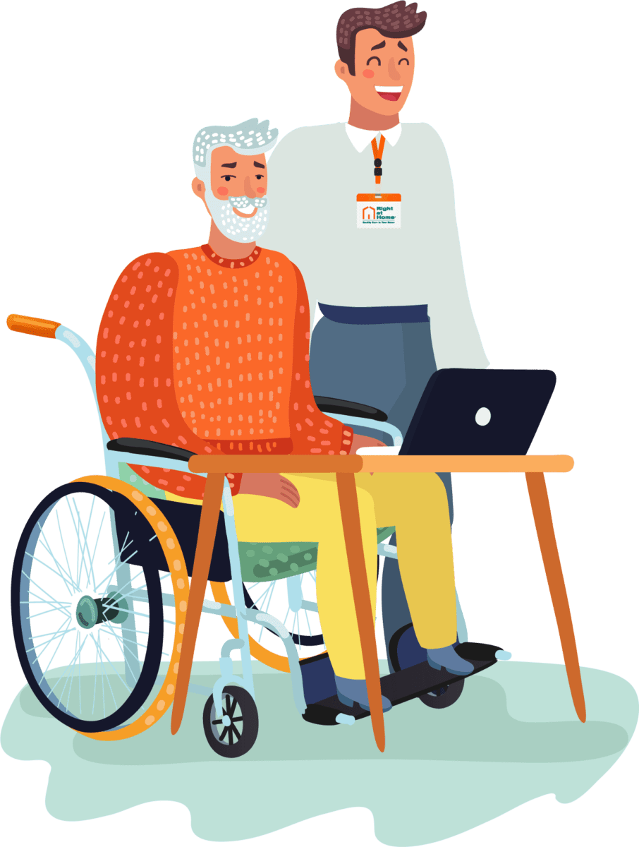 Illustration of a man in a wheelchair, sat at a desk on his laptop